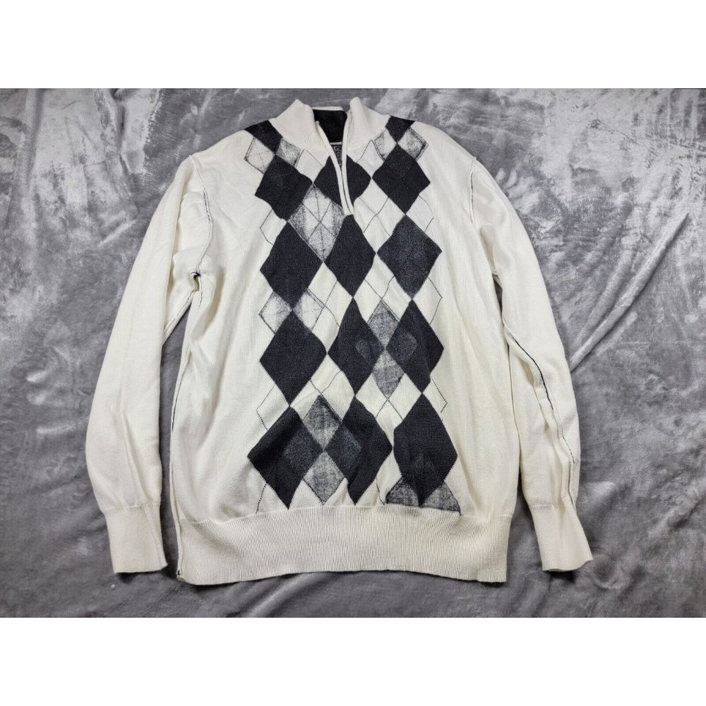BKE Buckle Mens Size XL 1/4 Zip White/Black/Gray Argyle Check Knit pullover